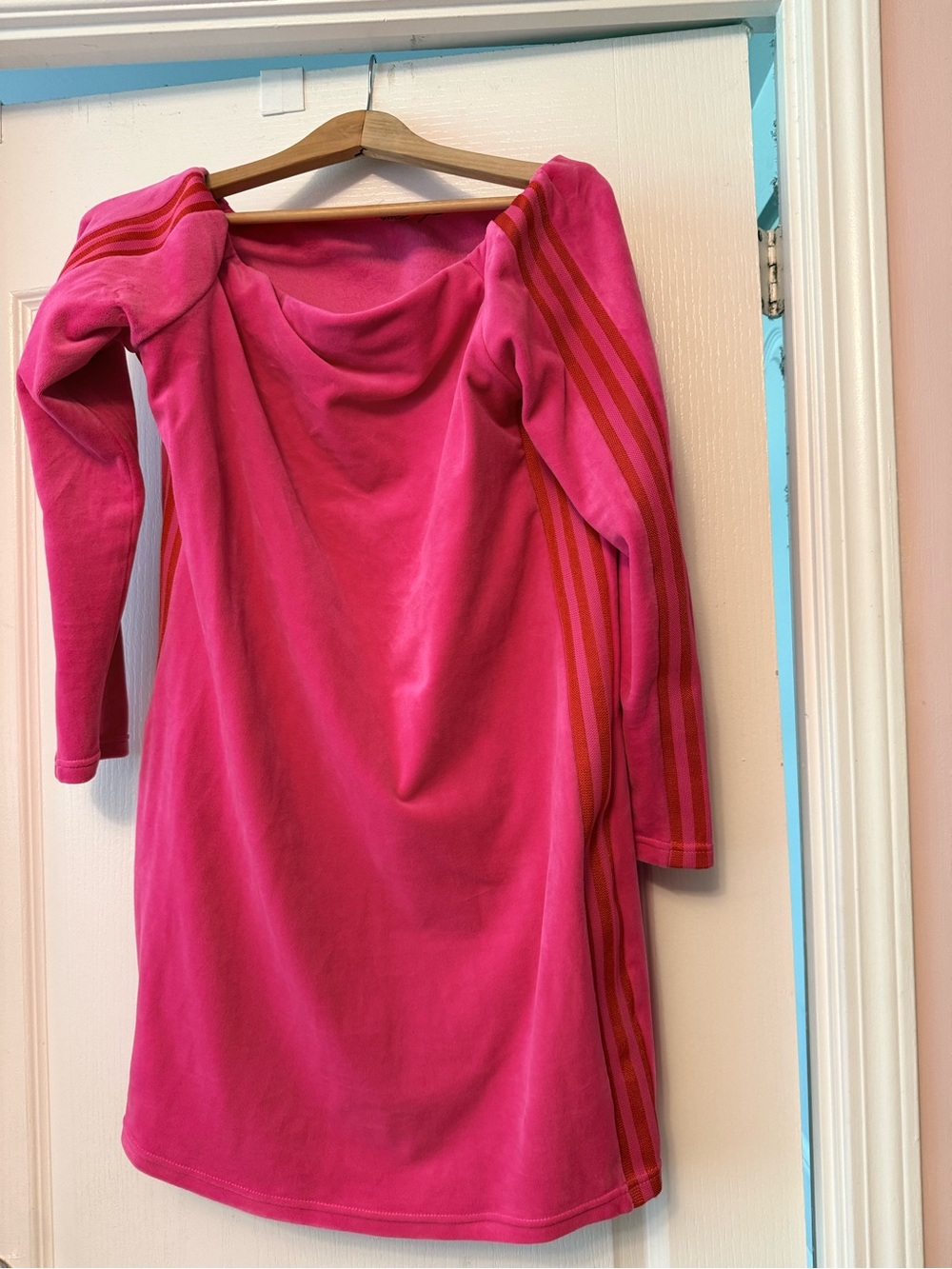 IVY PARK Bright Pink Long-Sleeve Off-Shoulder Dress with Red Stripe Detail